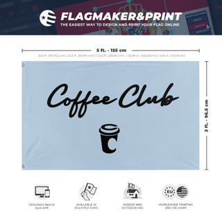 A mockup depicting custom flag specifications and measurements for 'Coffee Club  flag'