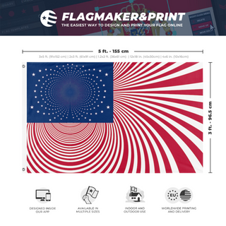 A mockup depicting custom flag specifications and measurements for 'hyperamerica flag'