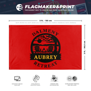 A mockup depicting custom flag specifications and measurements for 'Dalmeny Retreat flag'