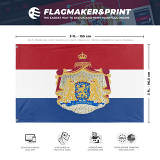 A mockup depicting custom flag specifications and measurements for 'Dutch coat of arms flag'