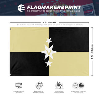 A mockup depicting custom flag specifications and measurements for 'Trussea War Flag'
