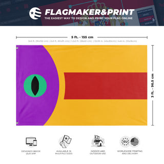 A mockup depicting custom flag specifications and measurements for 'Verzzi Royal Flag'