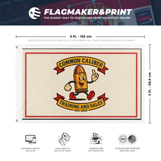 A mockup depicting custom flag specifications and measurements for 'Common Caliber  flag'