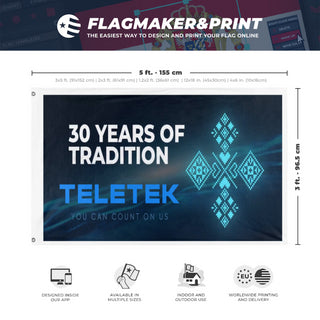 A mockup depicting custom flag specifications and measurements for 'tele flag'