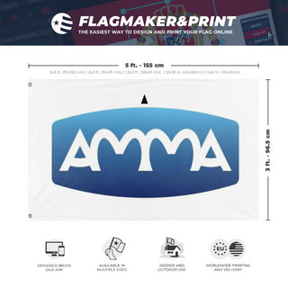 A mockup depicting custom flag specifications and measurements for 'AMMA flag'