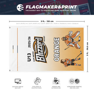 A mockup depicting custom flag specifications and measurements for 'BlizOru13 flag'