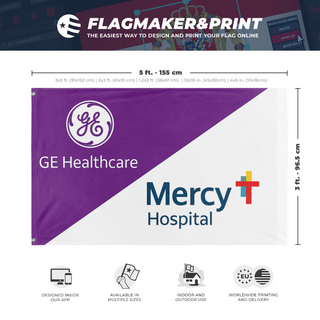 A mockup depicting custom flag specifications and measurements for 'GE/Mercy  flag'