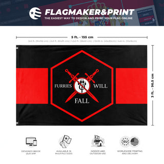 A mockup depicting custom flag specifications and measurements for 'FurFall flag'