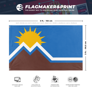 A mockup depicting custom flag specifications and measurements for 'Moval double sided flag'