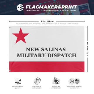 A mockup depicting custom flag specifications and measurements for 'New Salinas flag'