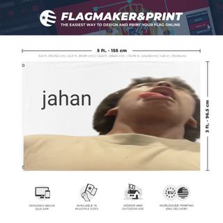 A mockup depicting custom flag specifications and measurements for 'jahan birthday flag'