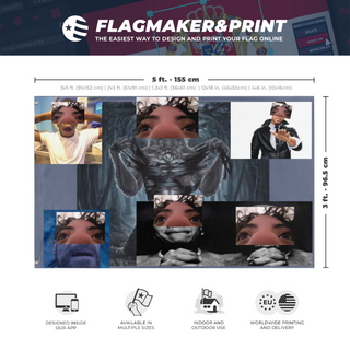 A mockup depicting custom flag specifications and measurements for 'ME flag'