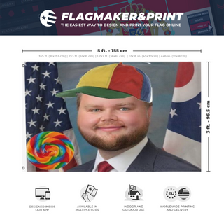 A mockup depicting custom flag specifications and measurements for 'jd flag'