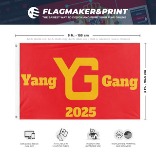 A mockup depicting custom flag specifications and measurements for 'Yang Gang flag'