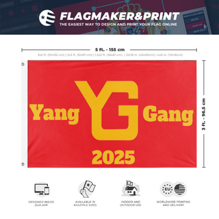 A mockup depicting custom flag specifications and measurements for 'yang gang flag'