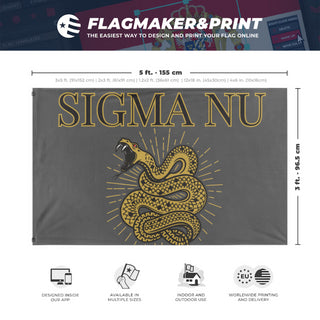 A mockup depicting custom flag specifications and measurements for 'sigma nu flag'