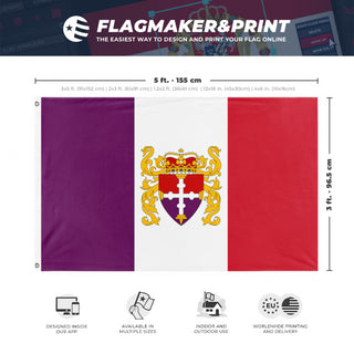 A mockup depicting custom flag specifications and measurements for 'Royal Flag of Stratus'