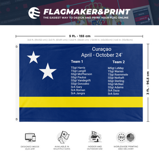 A mockup depicting custom flag specifications and measurements for 'Curacao flag'