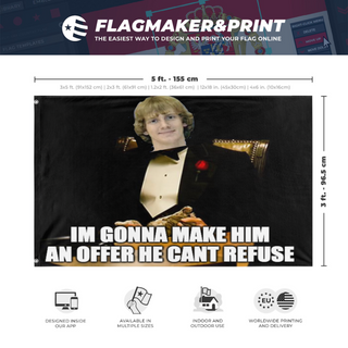 A mockup depicting custom flag specifications and measurements for 'Godfather Flag'