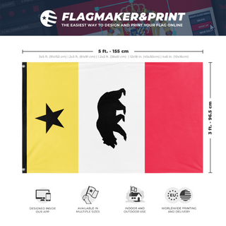 A mockup depicting custom flag specifications and measurements for 'Pacifica Sideways flag'