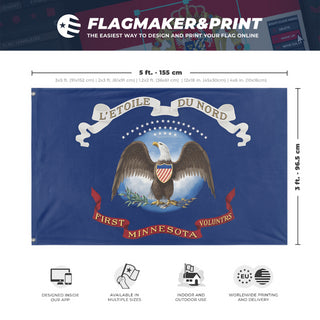 A mockup depicting custom flag specifications and measurements for '1st Minnesota Volunteer Infantry Regiment flag'