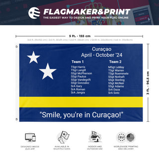 A mockup depicting custom flag specifications and measurements for 'Curacao flag'