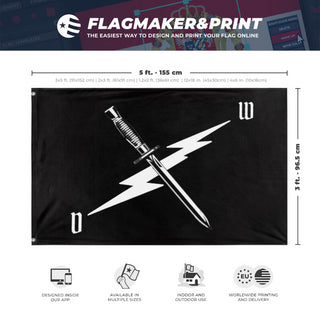 A mockup depicting custom flag specifications and measurements for 'Death watch flag'