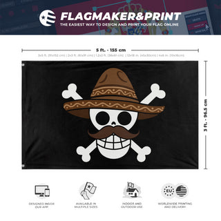 A mockup depicting custom flag specifications and measurements for 'Mexico One PIece Gen Z Protest flag'