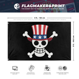 A mockup depicting custom flag specifications and measurements for 'American One Piece Gen Z Protest flag'