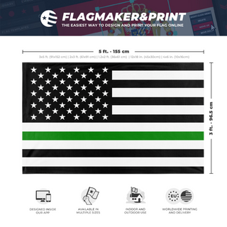 A mockup depicting custom flag specifications and measurements for 'Thin Green Line flag'