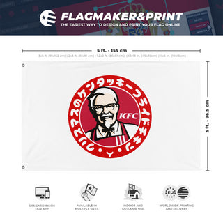 A mockup depicting custom flag specifications and measurements for 'kfchristmasa flag'