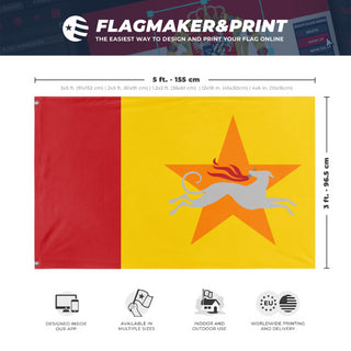A mockup depicting custom flag specifications and measurements for 'Distributism flag'