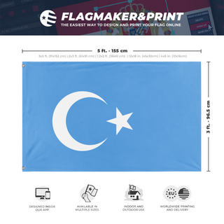 A mockup depicting custom flag specifications and measurements for 'East Turkestan flag'