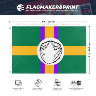 A mockup depicting custom flag specifications and measurements for 'Thorners Flag'
