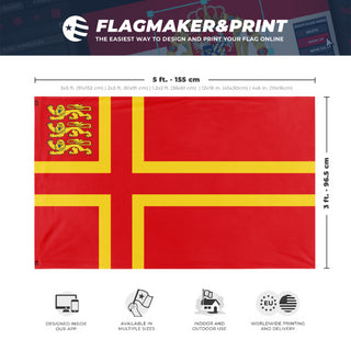 A mockup depicting custom flag specifications and measurements for 'St Olaf with Three Leopards flag'