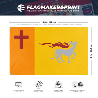 A mockup depicting custom flag specifications and measurements for 'Distributism flag'