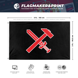 A mockup depicting custom flag specifications and measurements for 'Schwarze Front flag'