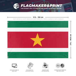 A mockup depicting custom flag specifications and measurements for 'Suriname flag'