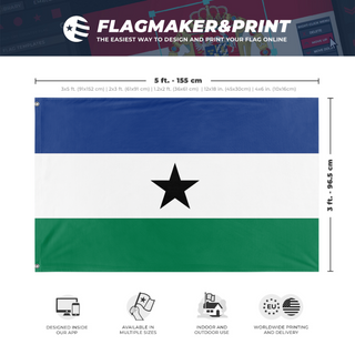 A mockup depicting custom flag specifications and measurements for 'Anyguola flag'