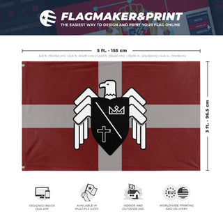 A mockup depicting custom flag specifications and measurements for 'Basil England White flag'