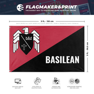 A mockup depicting custom flag specifications and measurements for 'Basil CNT Inspired flag'