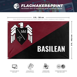 A mockup depicting custom flag specifications and measurements for 'Basil CNT Maroon flag'