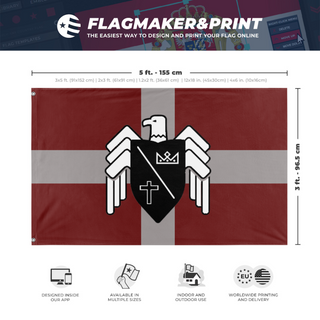 A mockup depicting custom flag specifications and measurements for 'Basil Cross flag'