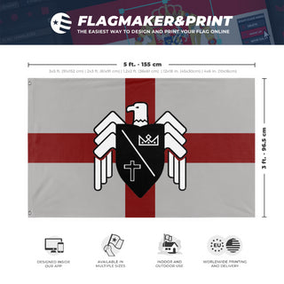 A mockup depicting custom flag specifications and measurements for 'Basil England White flag'