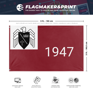 A mockup depicting custom flag specifications and measurements for 'Basil 1947 flag'
