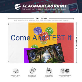 A mockup depicting custom flag specifications and measurements for 'T flag'