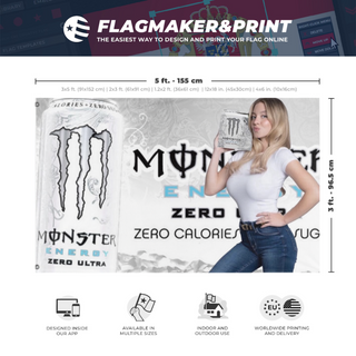 A mockup depicting custom flag specifications and measurements for 'monster_kvit flag'
