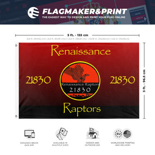 A mockup depicting custom flag specifications and measurements for 'Renaissance Raptor  flag'