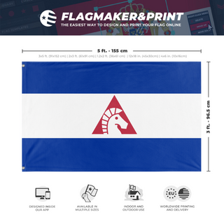 A mockup depicting custom flag specifications and measurements for 'Tricoslavia flag'