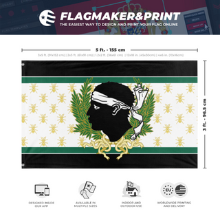 A mockup depicting custom flag specifications and measurements for 'Imperu Federale Corsu flag'